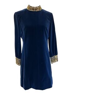 Vintage Blue Velvet Long Sleeve Beaded Mini Evening Cocktail Dress Size Small